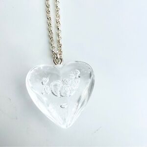 Vintage Clear Lucite Puffy Heart Pendant w Dainty Silver Necklace, 22”, Unworn